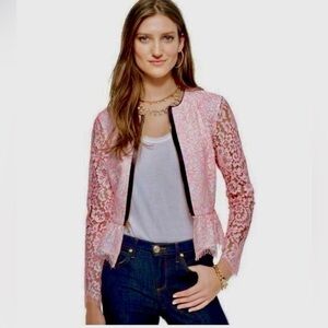 JUICY COUTURE pretty pink lace zip up jacket sweater with ruffle hem. EEUC